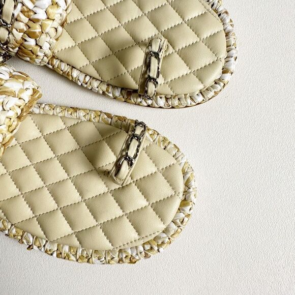 CHANEL Raffia Beige Leather Chain CC Logo Sandals Size 40 Open Toe Ring Slide - Picture 3 of 12